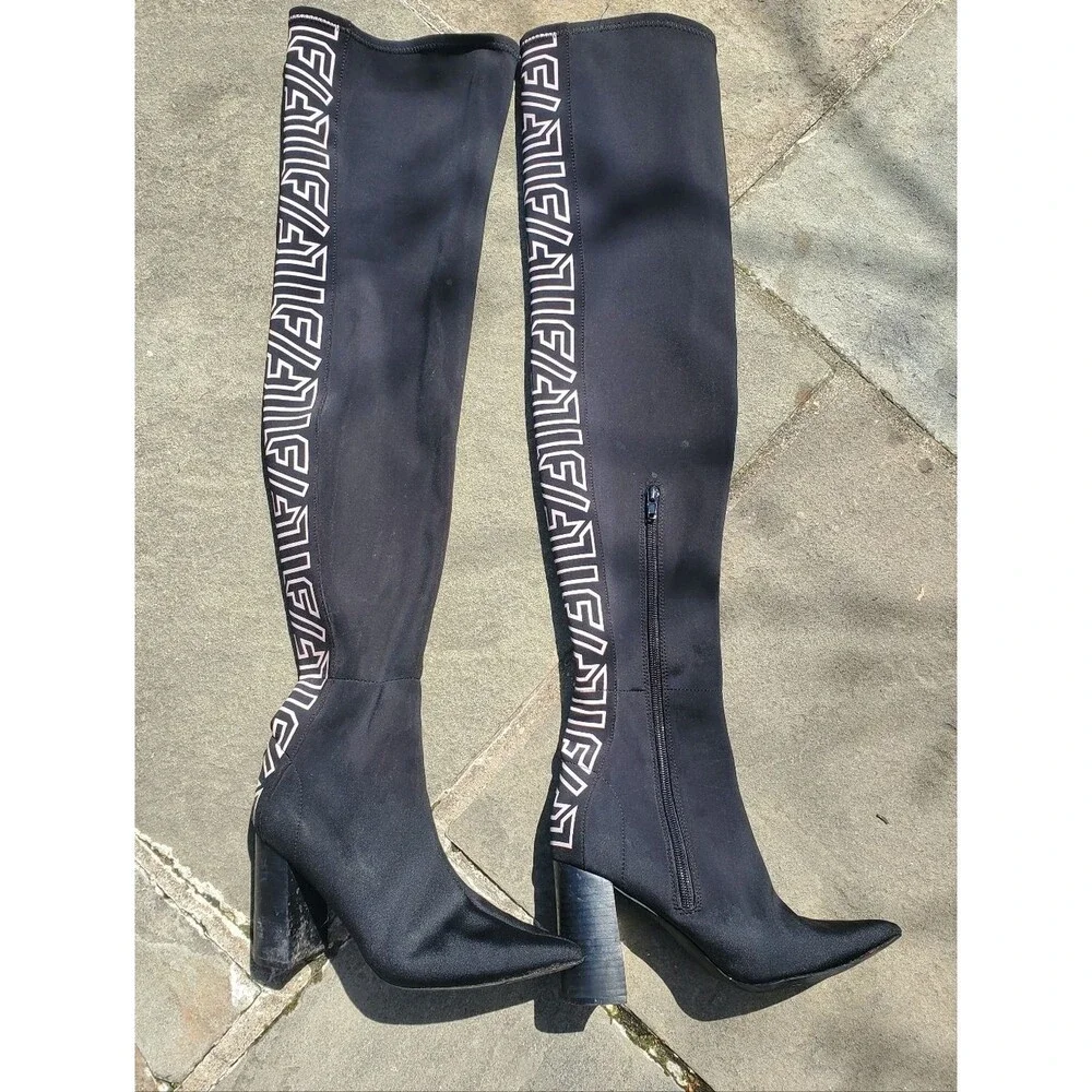 LF Black Over The Knee LF Logo Graphic Boots Heel Size 6M